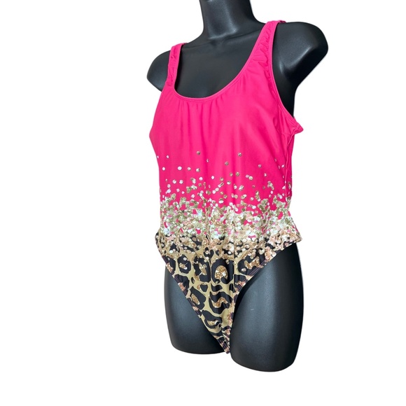 Pink Mixed Gold Petals & Animal Print One Piece Swimsuit Women's Size XL - Picture 5 of 13
